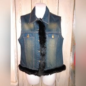 Mixit Denim Rabbit Fur Trim Vest Size large Dark Wash